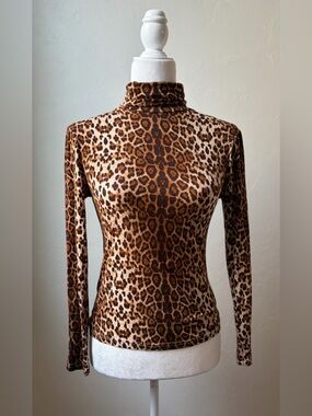 Cliche Leopard Print Turtleneck Fitted Long Sleeve Stretch Top Size S